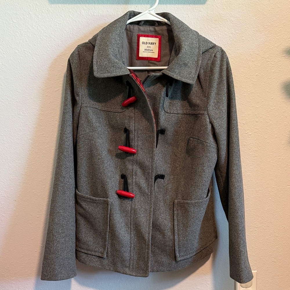 Old Navy Gray Pea Coat with Red Toggles